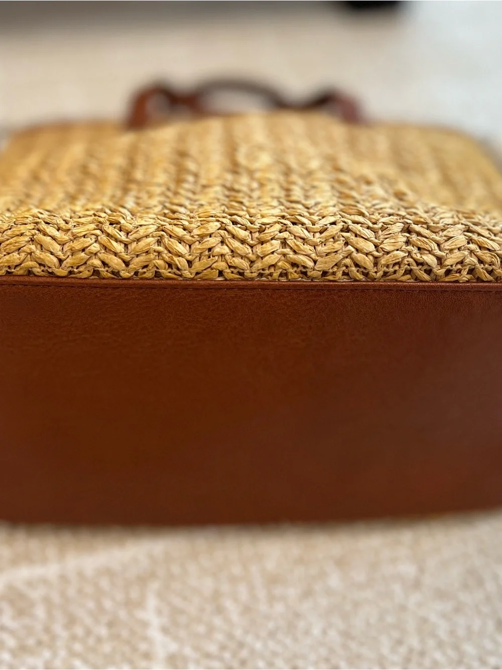 Sonoma Woven Straw Mini Tote in Tan with Brown Trim with a Crossbody Strap